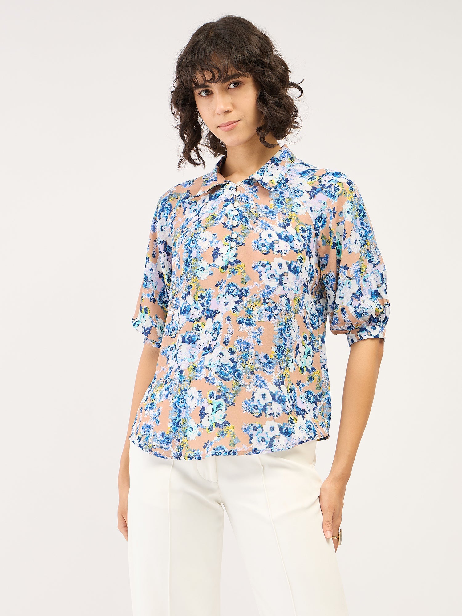 Crossandra Floral Collared Top-Multicolor