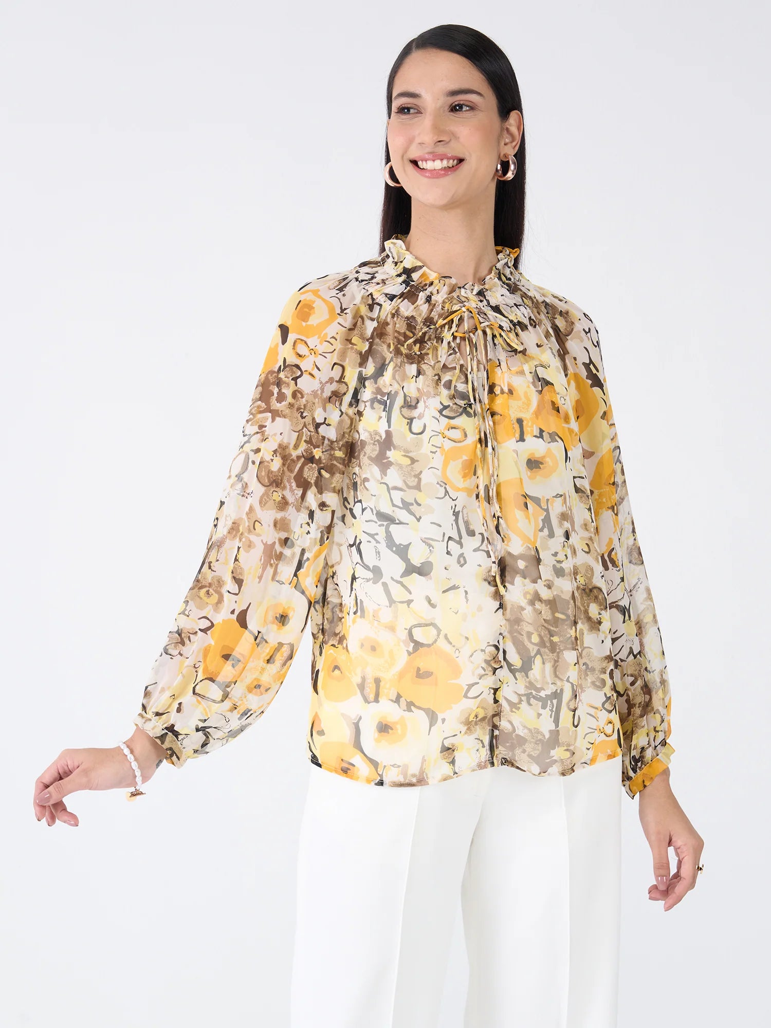 mossy Floral Smocked Neckline Top-Multicolor