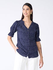 Array Polka Ruffled Neckline Top - Navy Blue