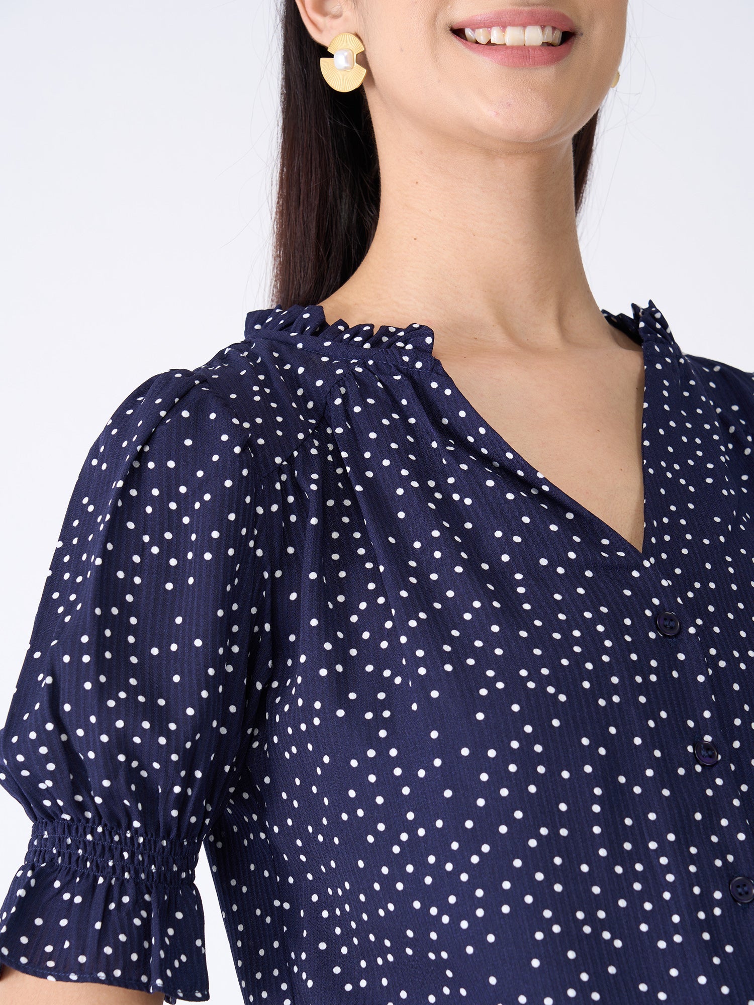 Array Polka Ruffled Neckline Top - Navy Blue