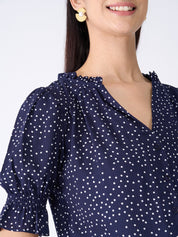 Array Polka Ruffled Neckline Top - Navy Blue