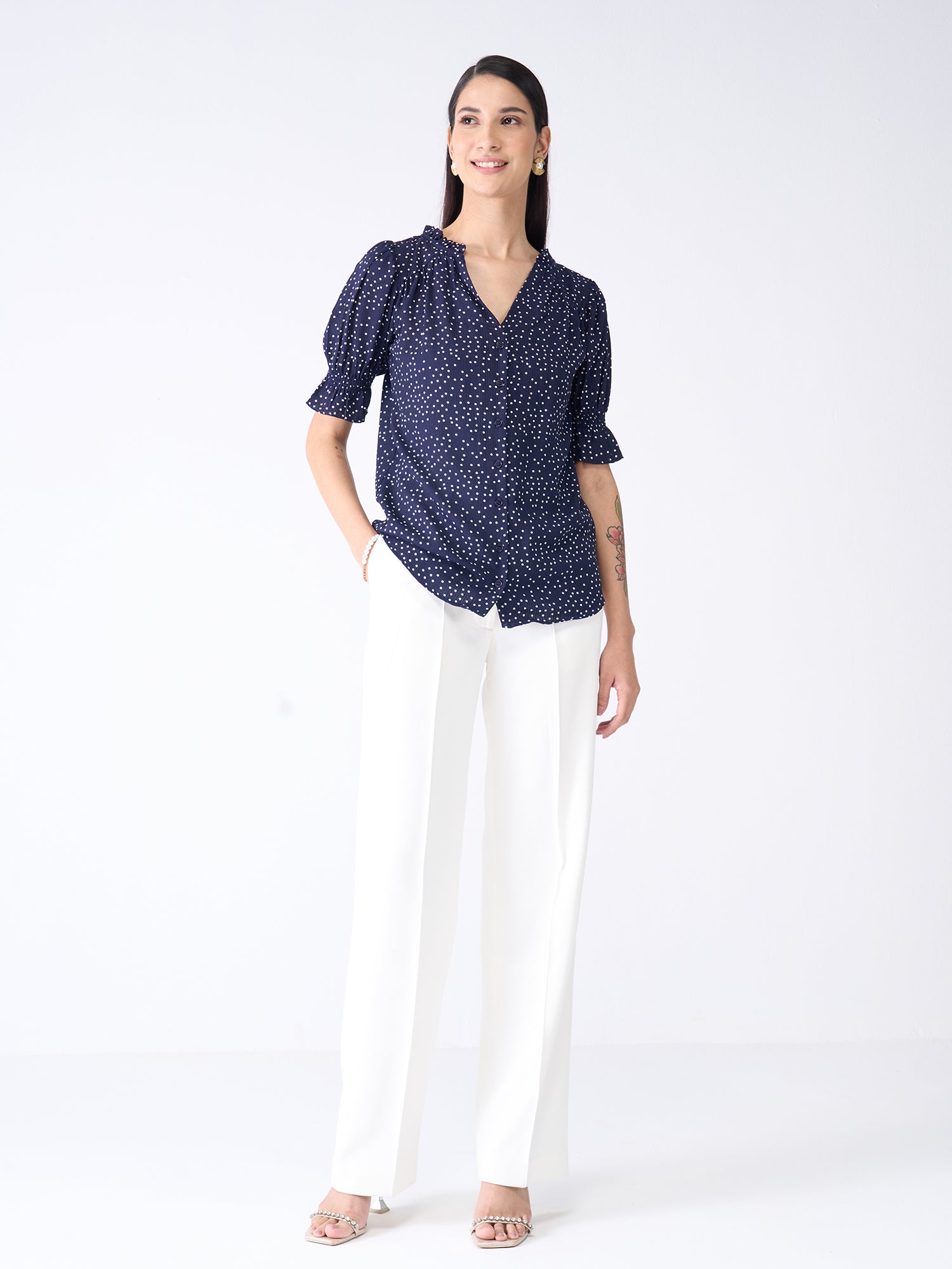 Array Polka Ruffled Neckline Top - Navy Blue