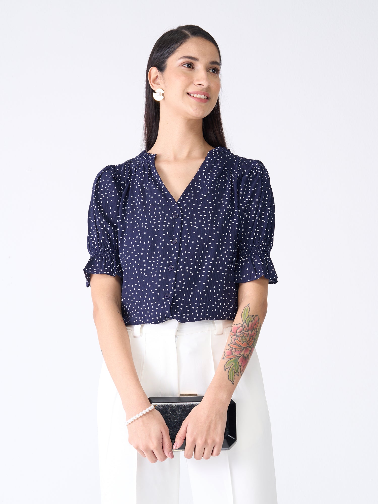 Array Polka Ruffled Neckline Top - Navy Blue