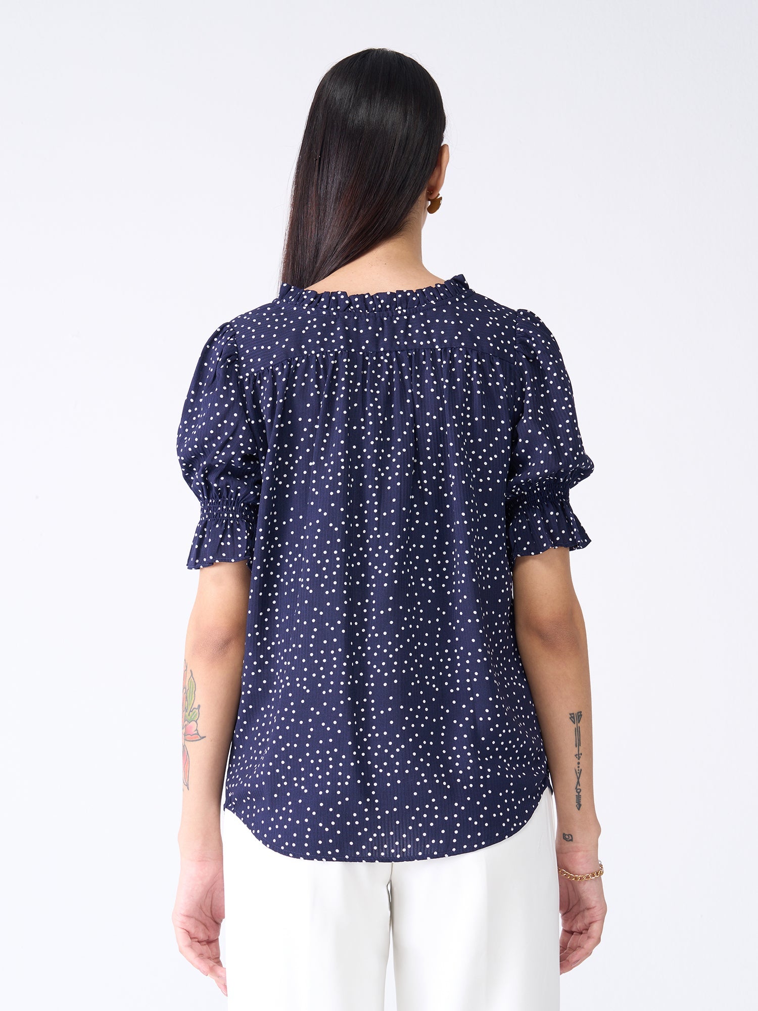 Array Polka Ruffled Neckline Top - Navy Blue