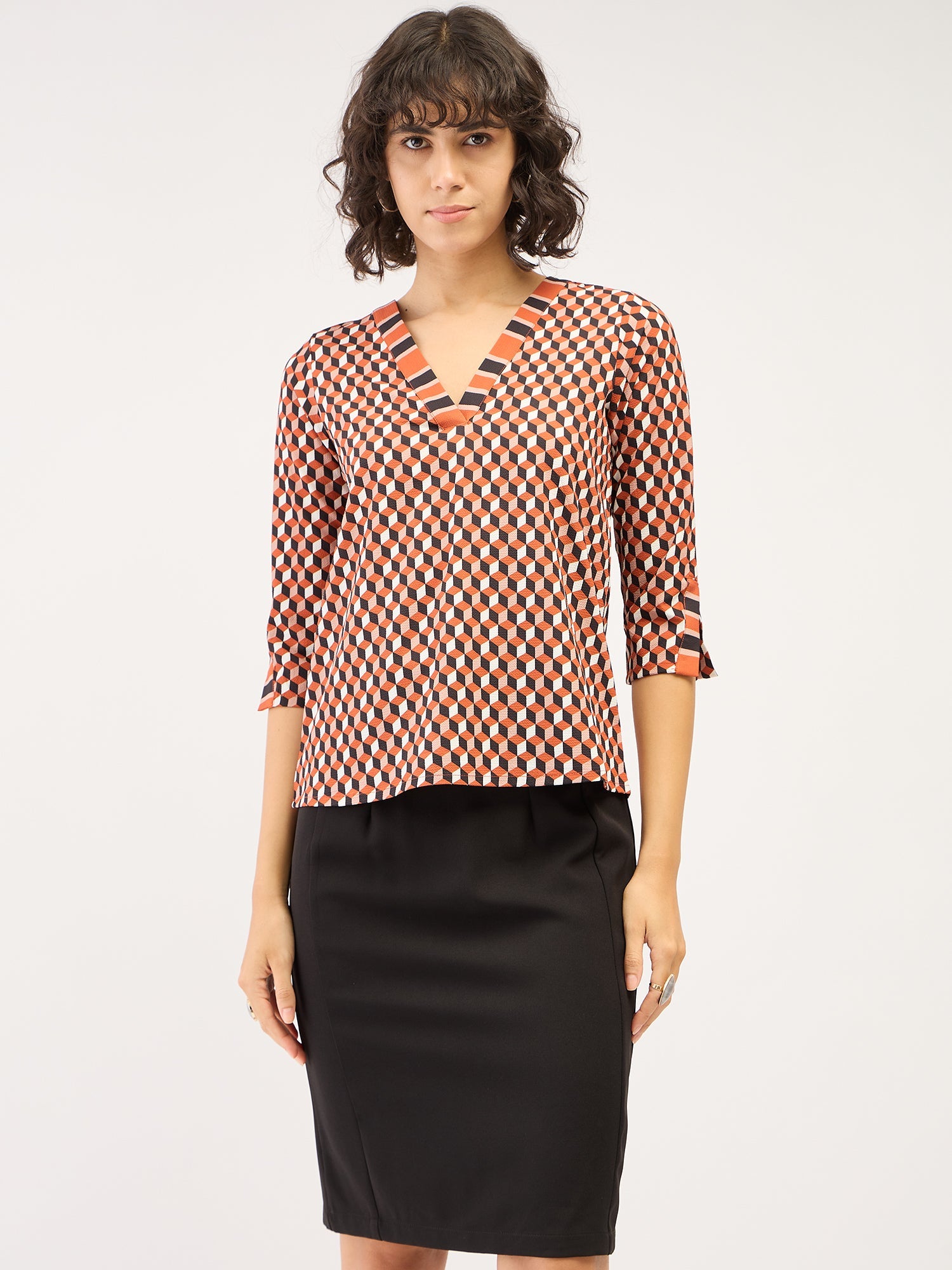 Rhombus Geometric Contrast Detail Top - Multicolor