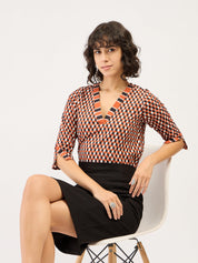 Rhombus Geometric Contrast Detail Top - Multicolor