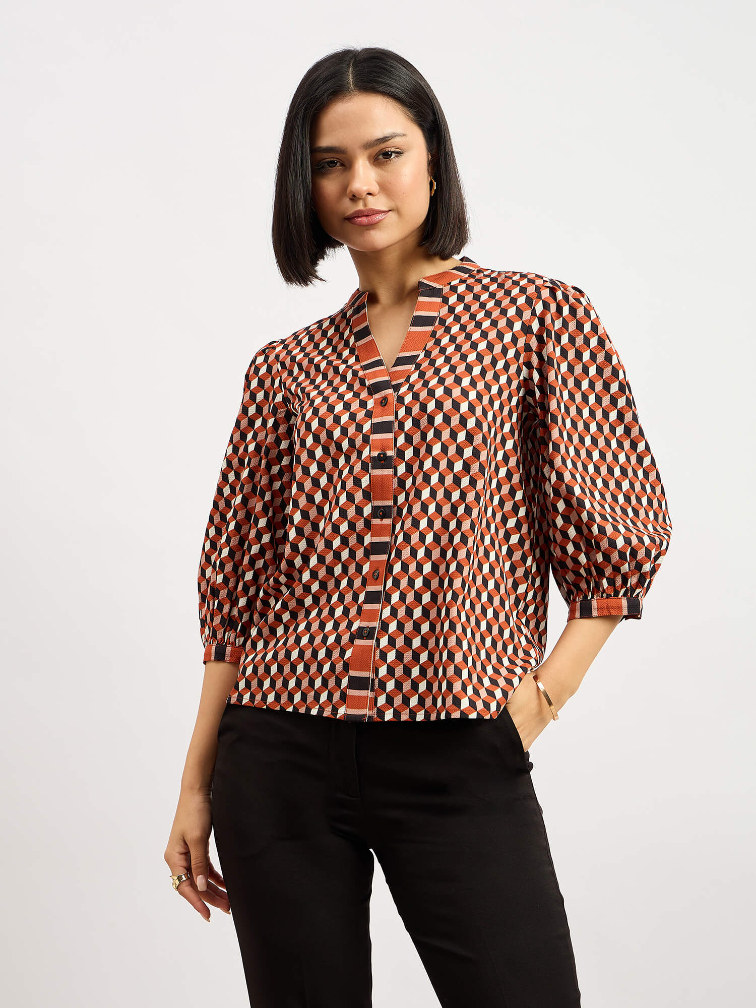 Cuboid Geometric Button Down Top - Multicolor