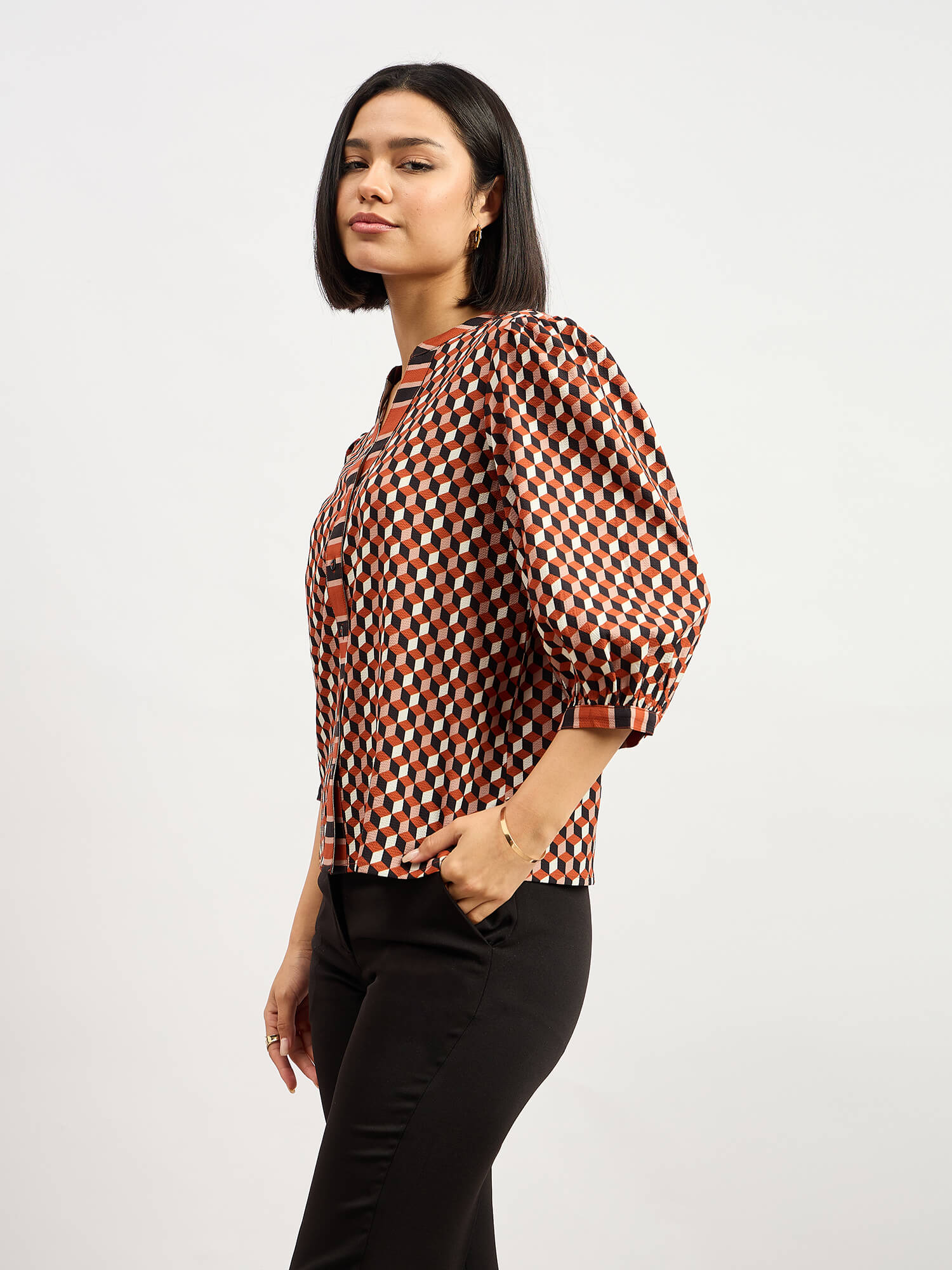 Cuboid Geometric Button Down Top - Multicolor