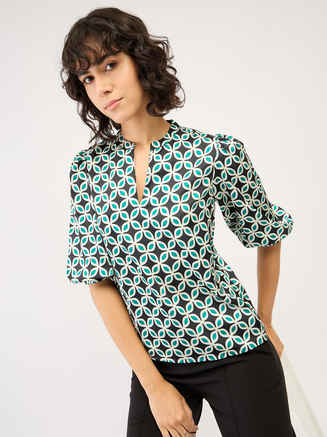 Inlay Geometric Collared Top - Multicolor