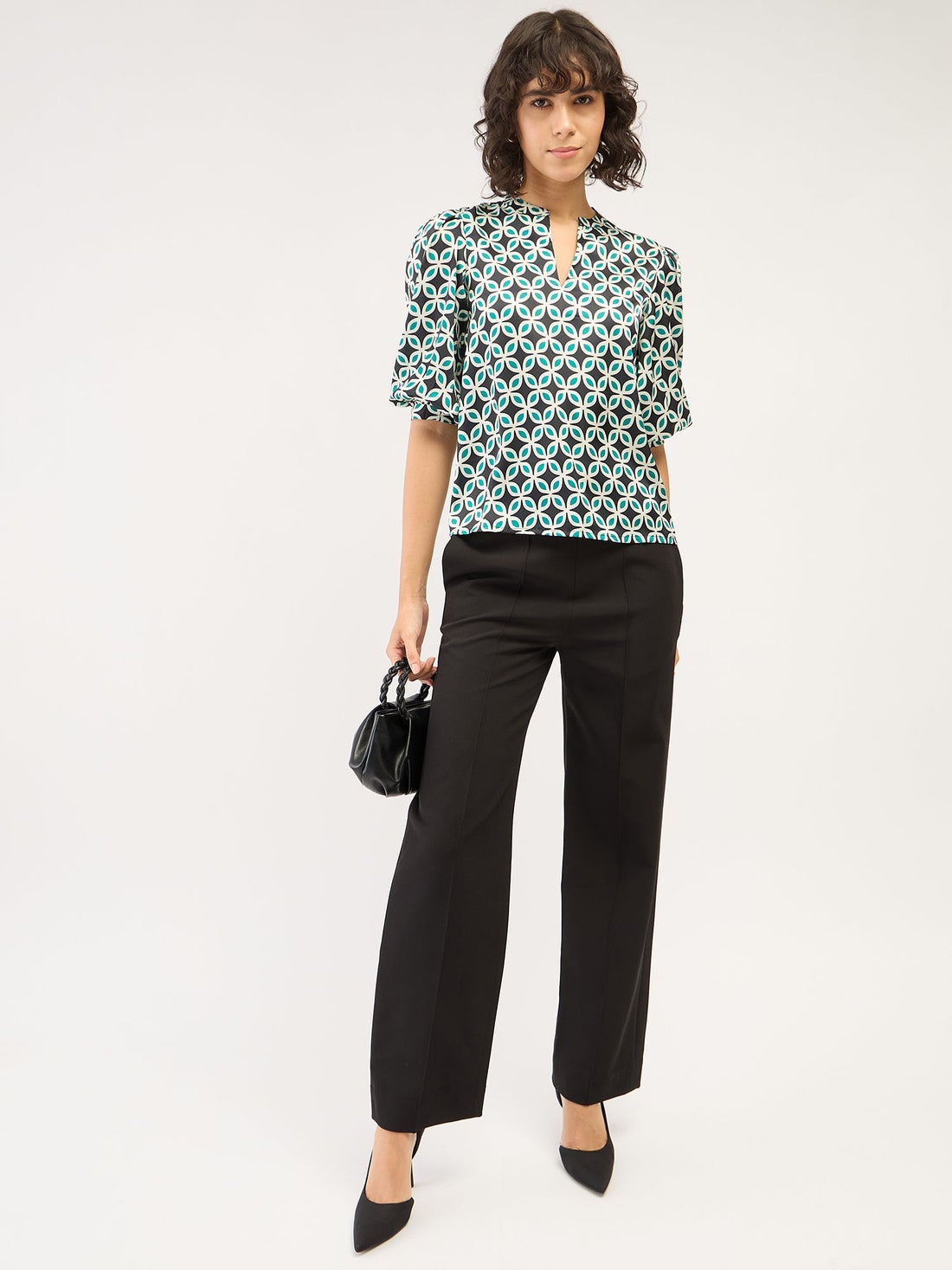 Inlay Geometric Collared Top - Multicolor