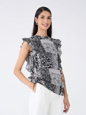 Fleck Ruffled Paisley Top-Black & White