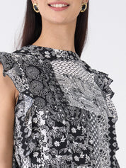 Fleck Ruffled Paisley Top-Black & White