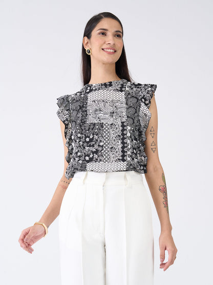 Fleck Ruffled Paisley Top-Black &amp; White