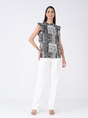 Fleck Ruffled Paisley Top-Black & White