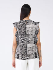 Fleck Ruffled Paisley Top-Black & White