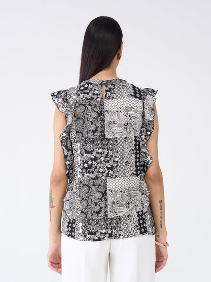Fleck Ruffled Paisley Top-Black &amp; White