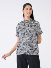 Finley Paisley Neck Tie Top - Black & White