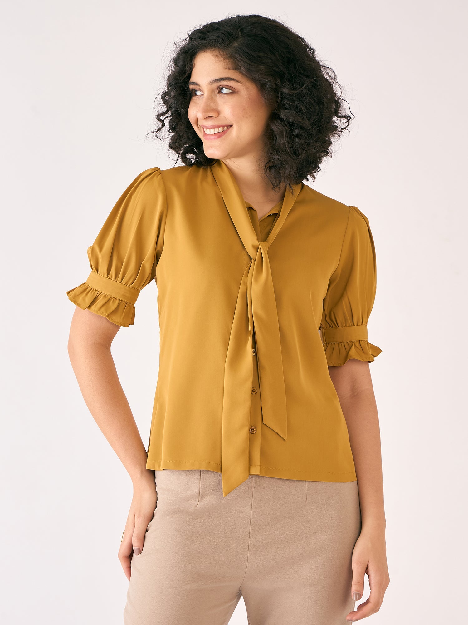 Bellini Tie-Up Neckline Top-Mustard