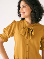 Bellini Tie-Up Neckline Top-Mustard