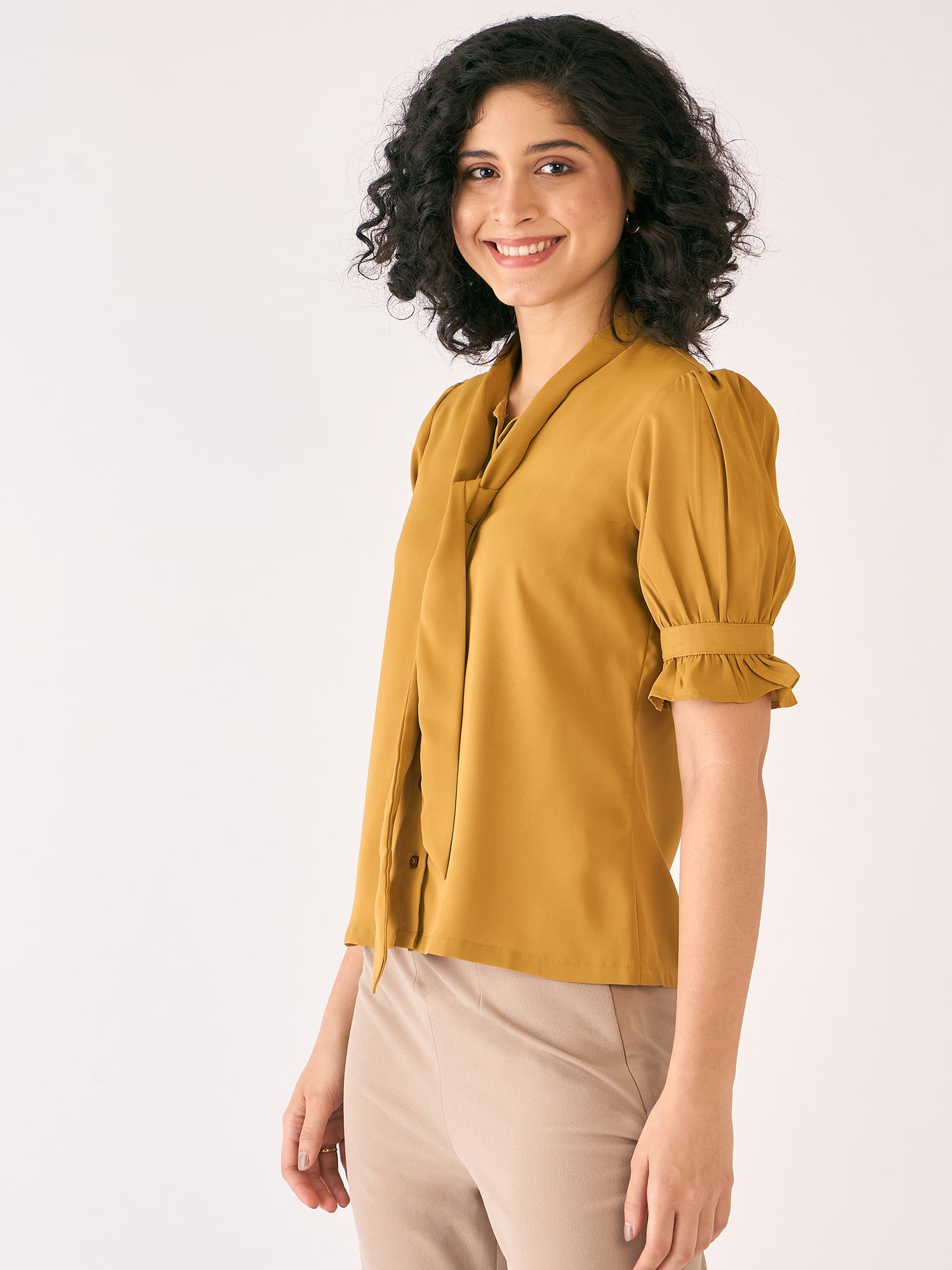 Bellini Tie-Up Neckline Top-Mustard