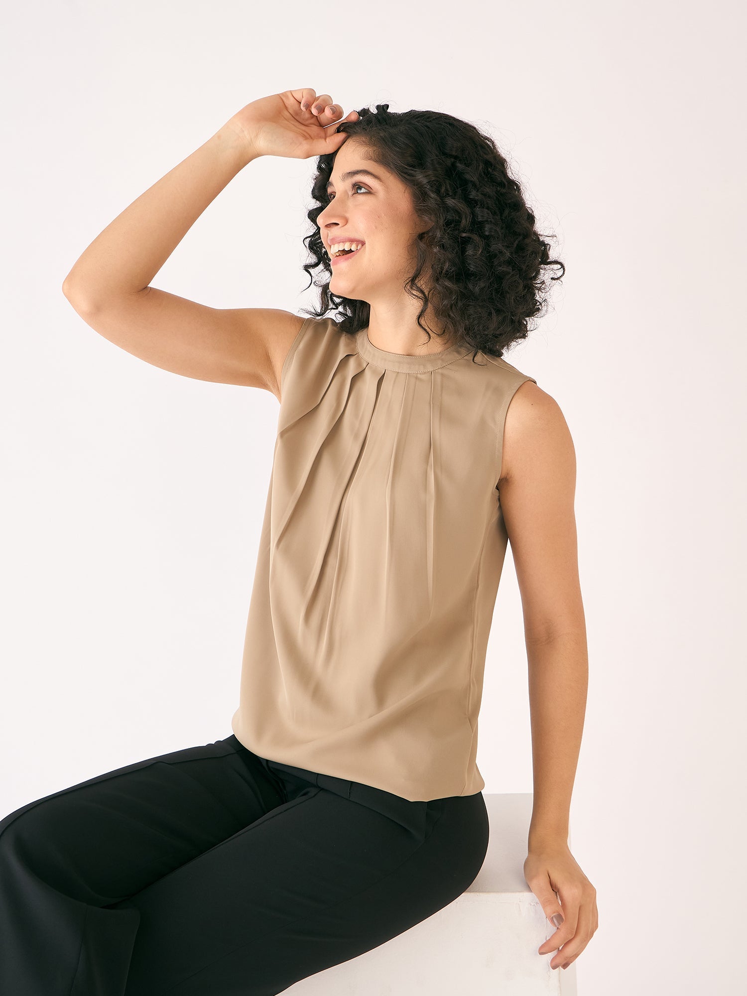 Wheat Front Pleat Top-Taupe