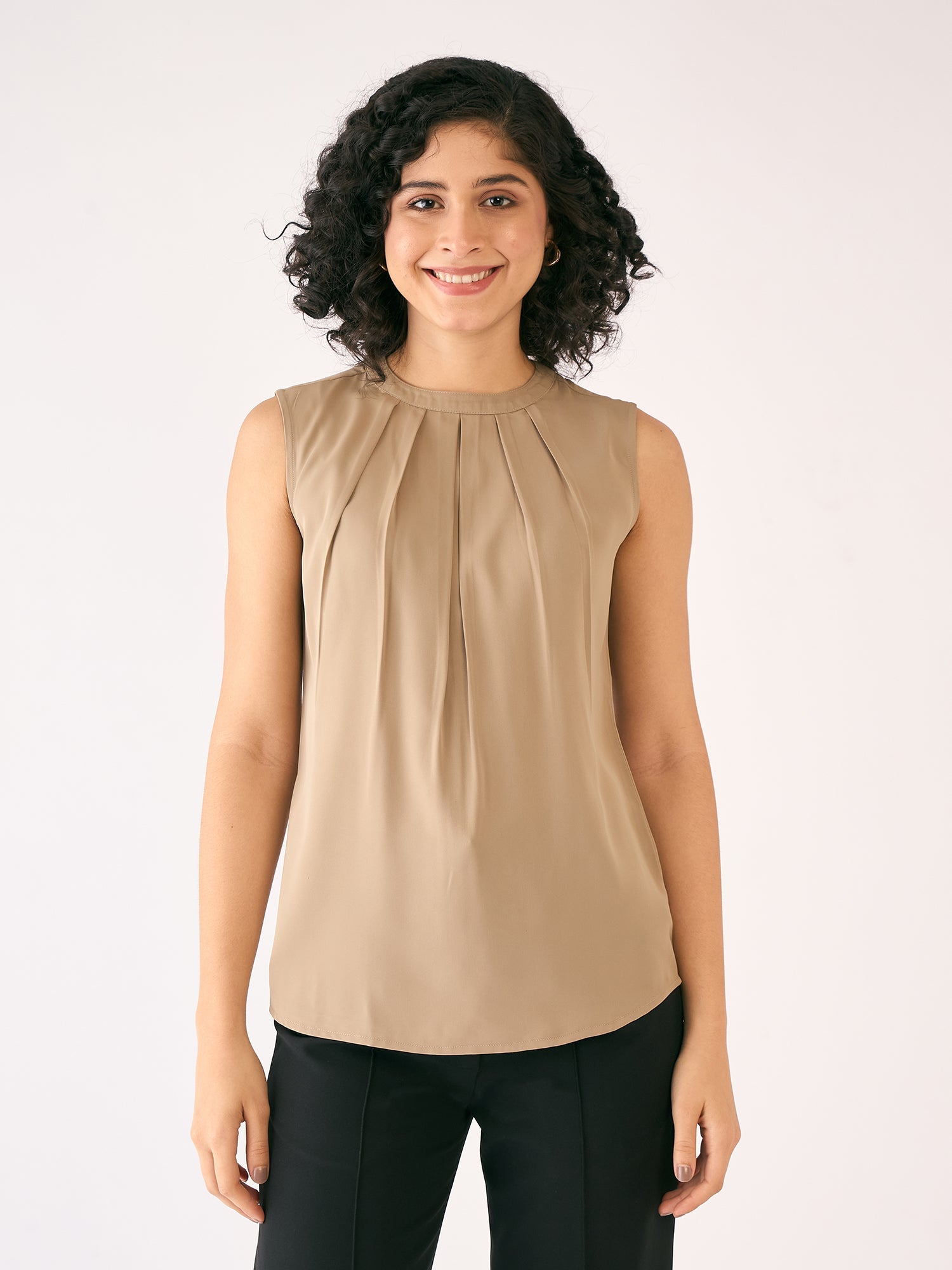 Wheat Front Pleat Top-Taupe