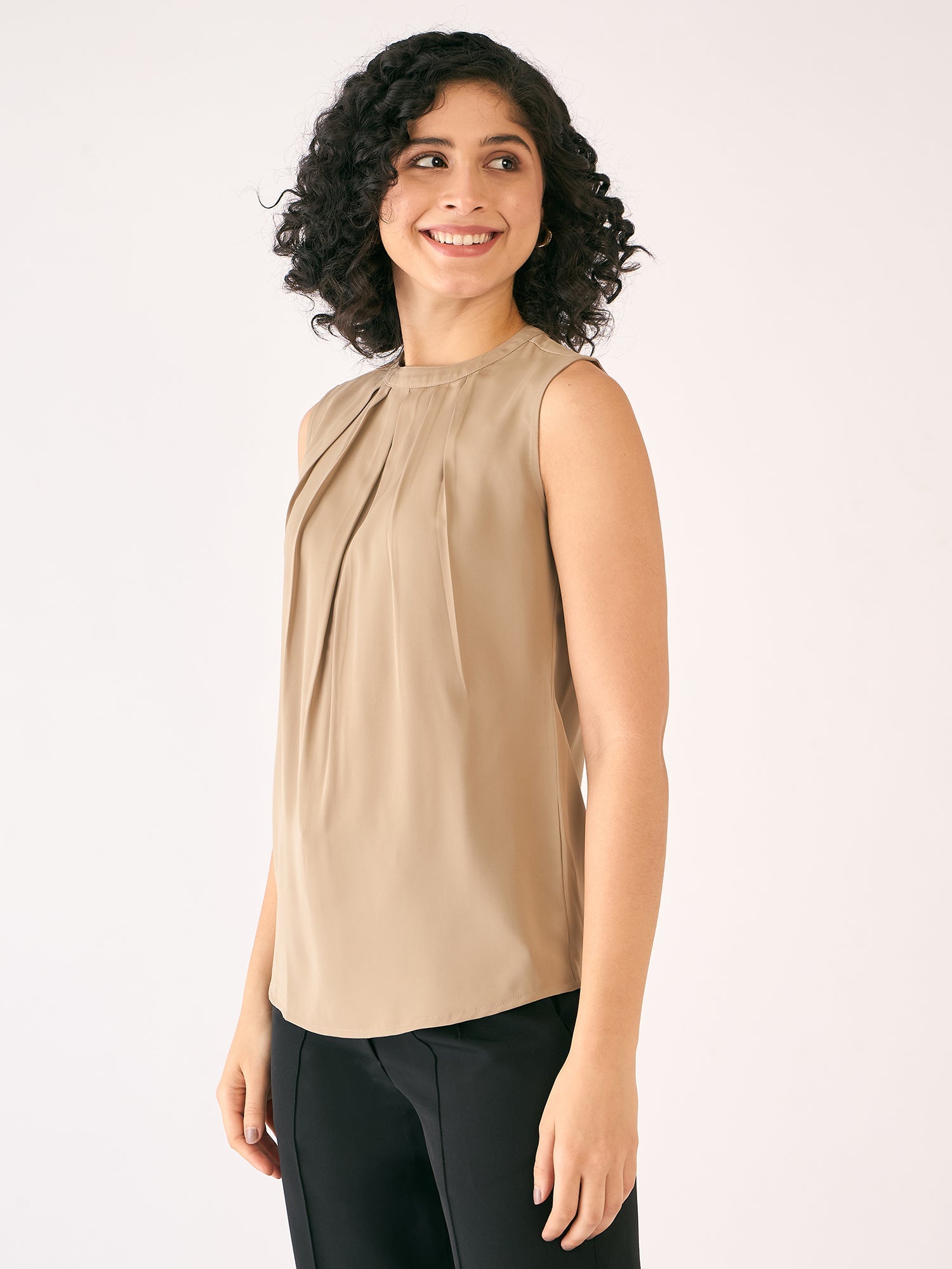 Wheat Front Pleat Top-Taupe