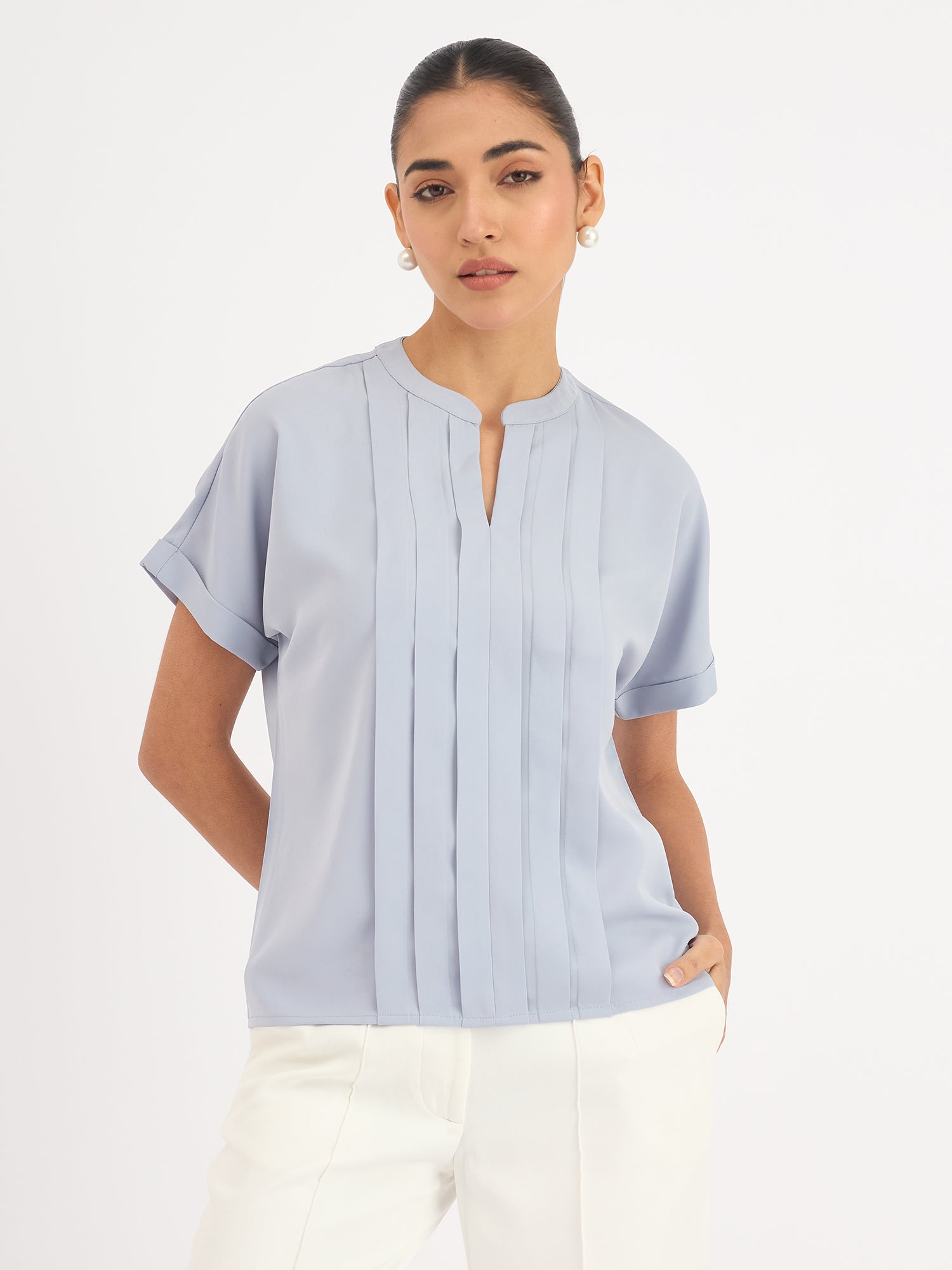 Mulled Wine Pleated Top - Dusty Blue