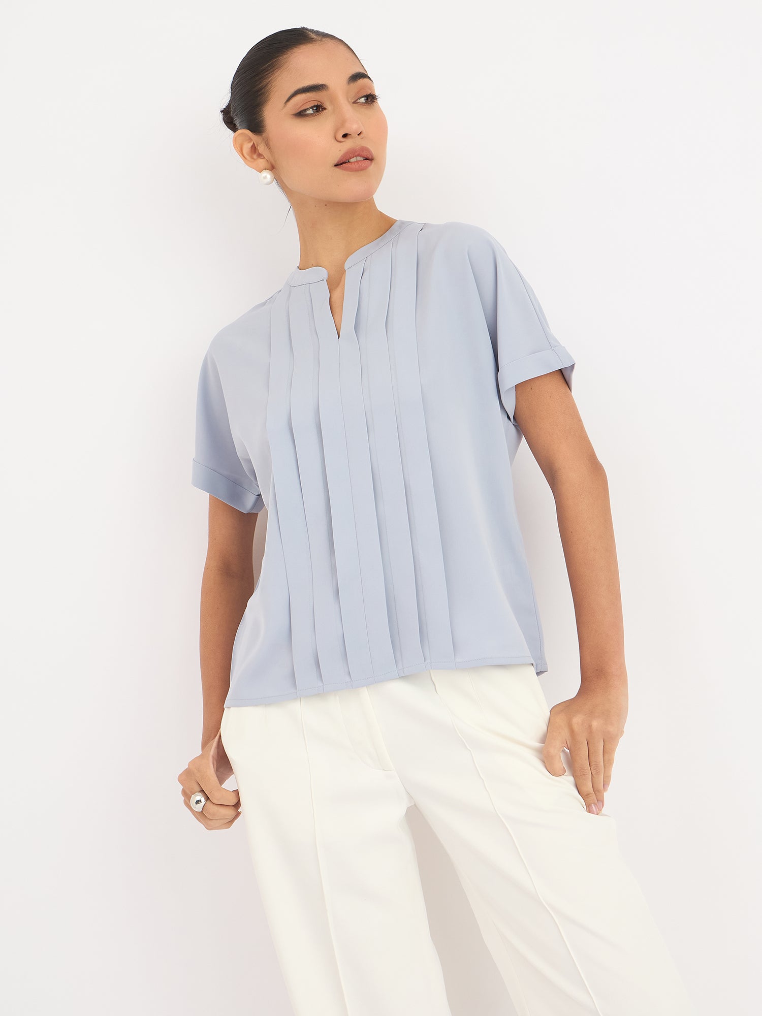 Mulled Wine Pleated Top - Dusty Blue