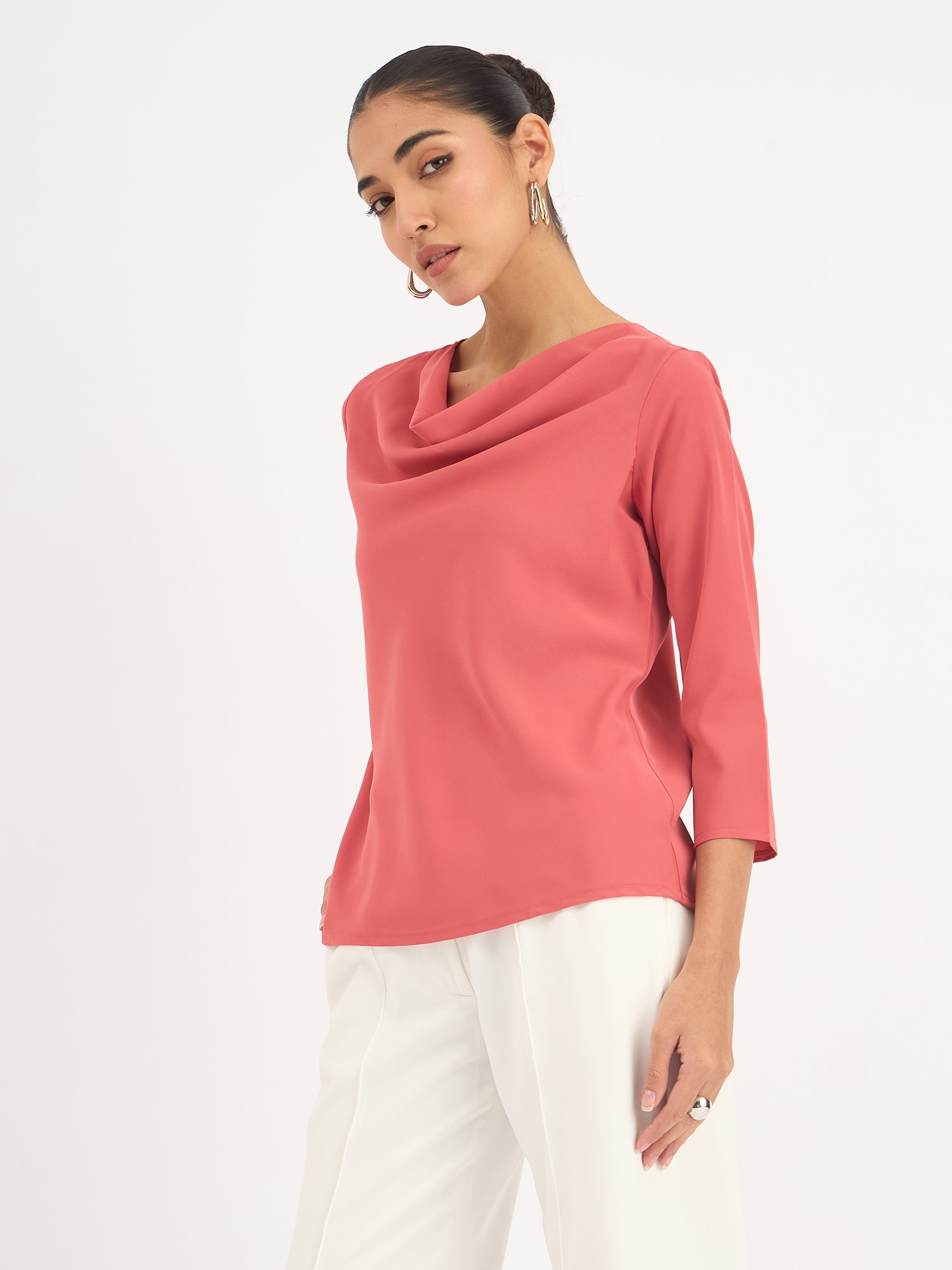 Mermaid Mule Cowl Neck Top - Dark Peach