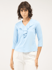 Midnight Kiss Ruffled Neckline Top - Sky Blue