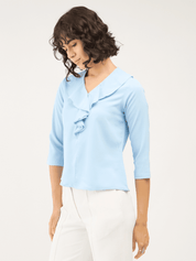 Midnight Kiss Ruffled Neckline Top - Sky Blue