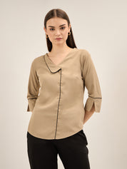 Moonbeam Contrast Piping Top - Taupe & Black