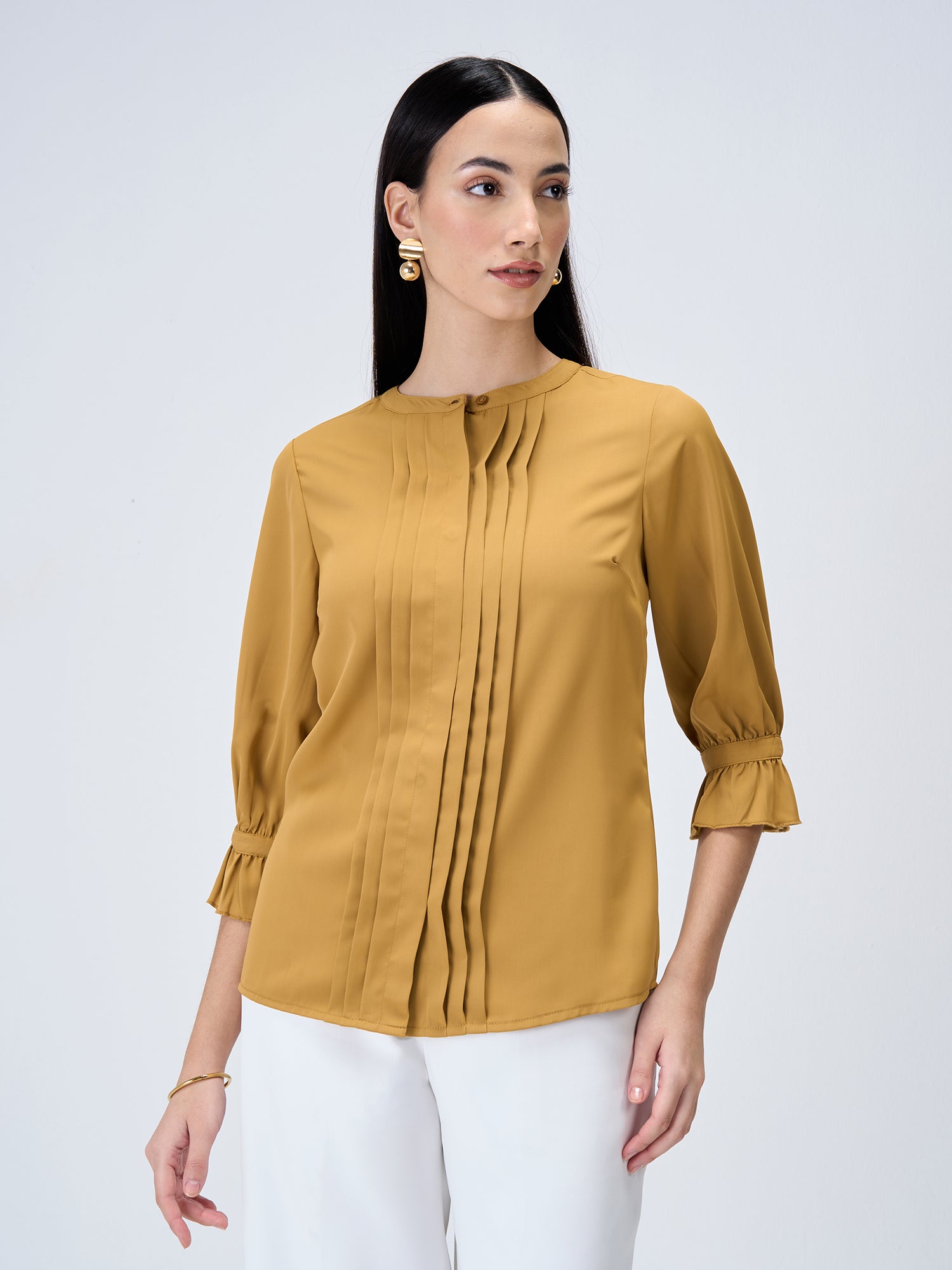 Pansy Gimlet Pintuck Detailing Top-Mustard