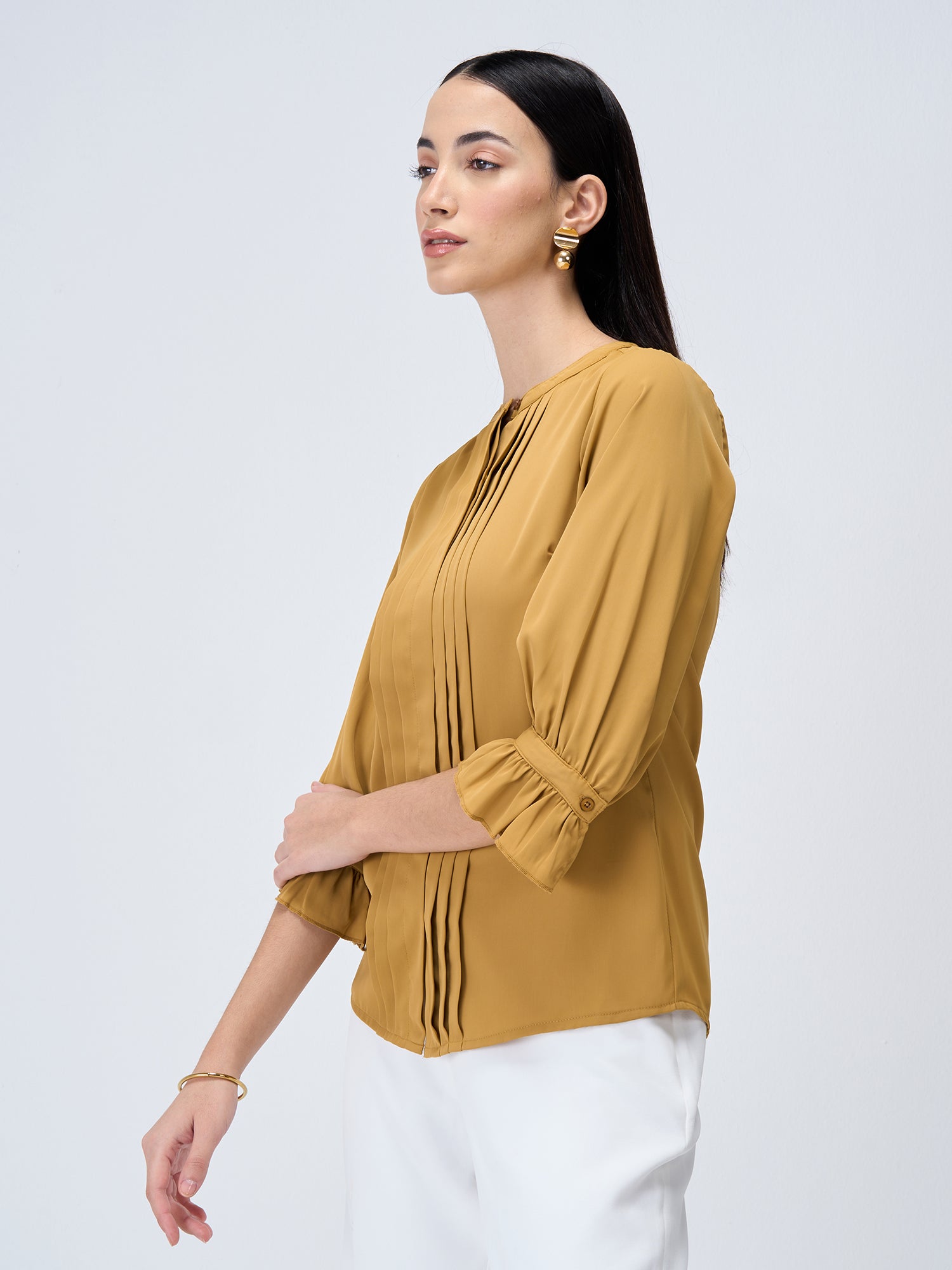 Pansy Gimlet Pintuck Detailing Top-Mustard