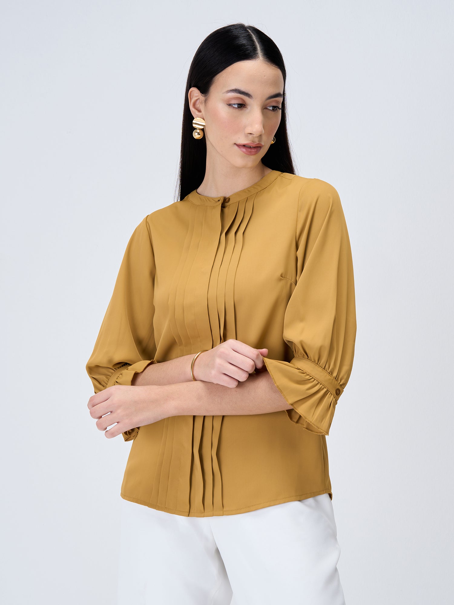 Pansy Gimlet Pintuck Detailing Top-Mustard