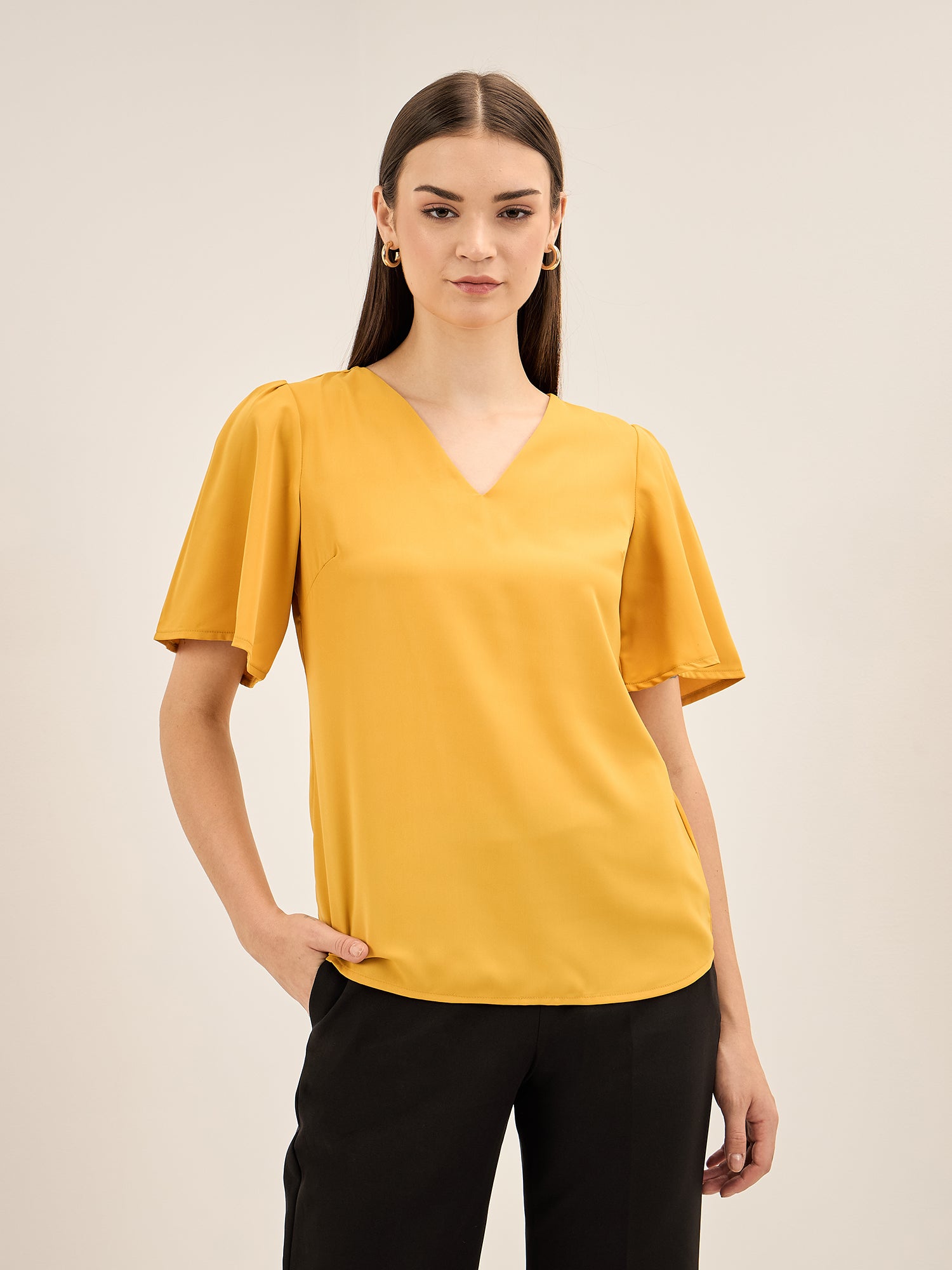 Buy Rio Cosmo-Yellow Flutter Sleeves Top Yellow color Tops For