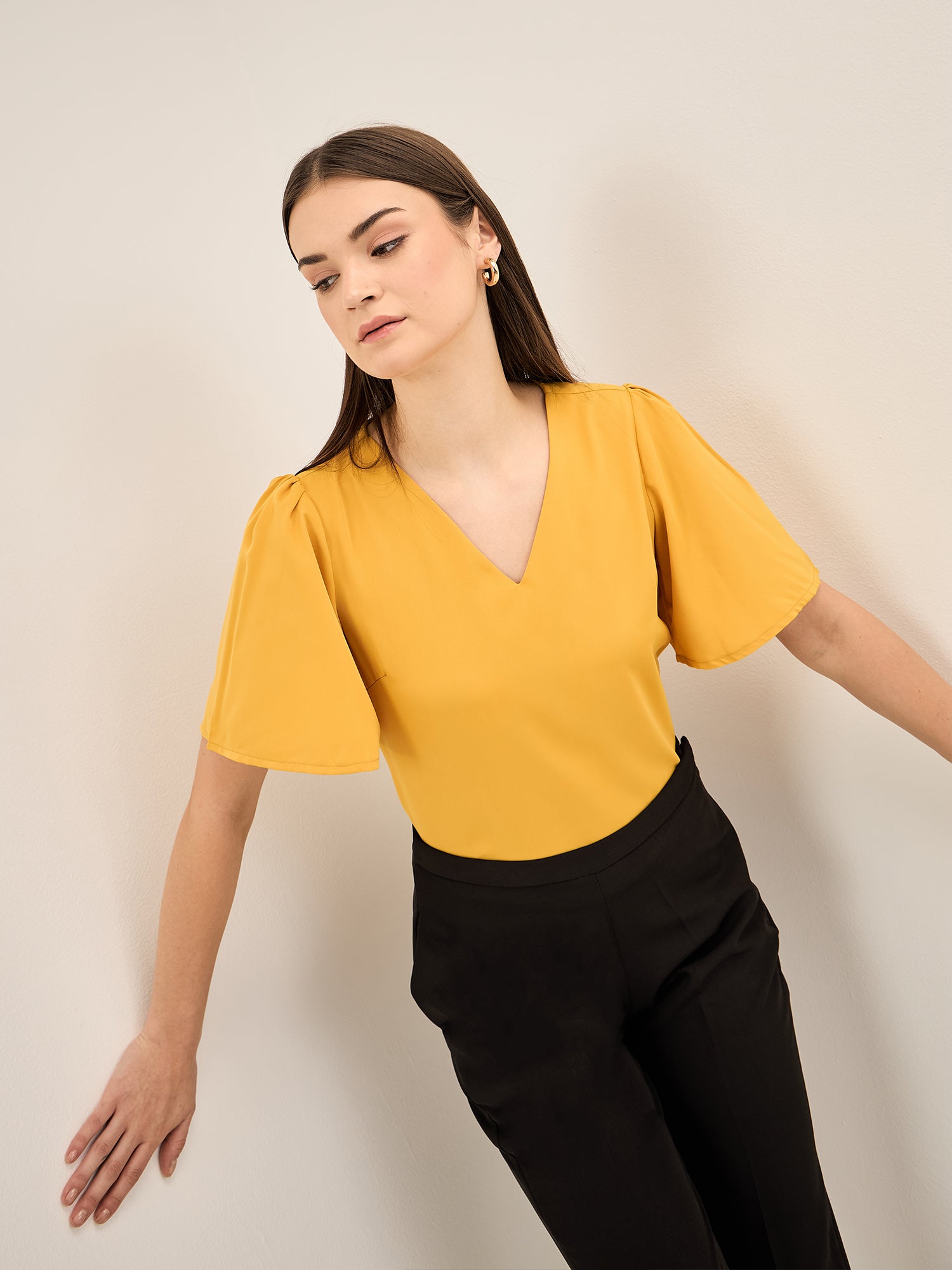 Rio Cosmo-Yellow Flutter Sleeves Top - Yellow