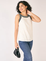 Petal Stitch Embroidered Top-White/Black