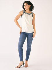 Petal Stitch Embroidered Top-White/Black