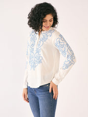 Lagoon Embroidered Band Collar Top-White/Blue