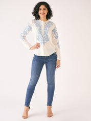 Lagoon Embroidered Band Collar Top-White/Blue