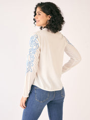 Lagoon Embroidered Band Collar Top-White/Blue