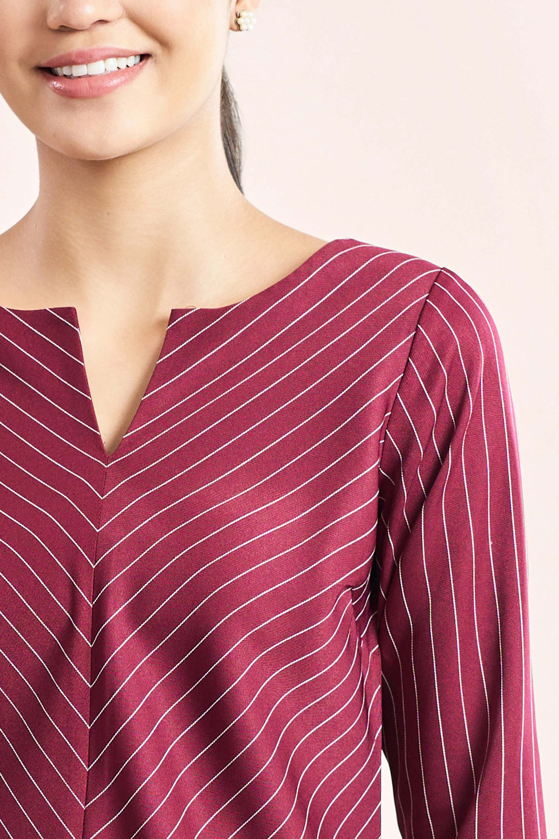 Askew-Maroon Striped V-Neck Slit Top - Maroon &amp; White