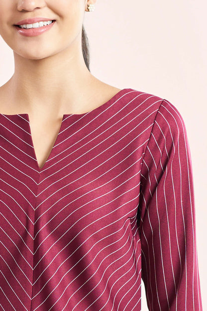 Askew-Maroon Striped V-Neck Slit Top - Maroon &amp; White