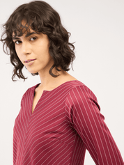 Askew-Maroon Striped V-Neck Slit Top - Maroon & White