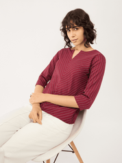 Askew-Maroon Striped V-Neck Slit Top - Maroon & White