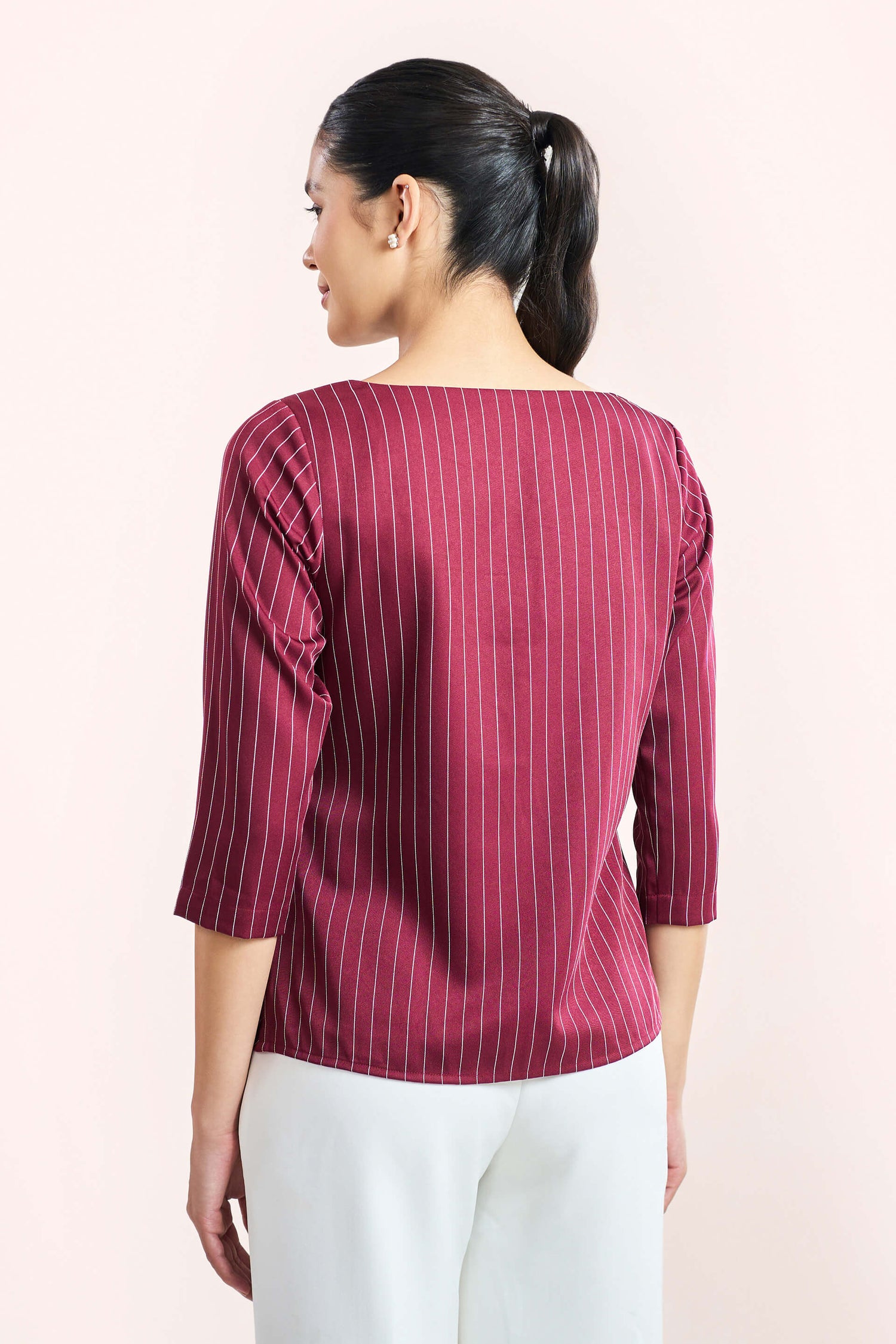 Askew-Maroon Striped V-Neck Slit Top - Maroon &amp; White