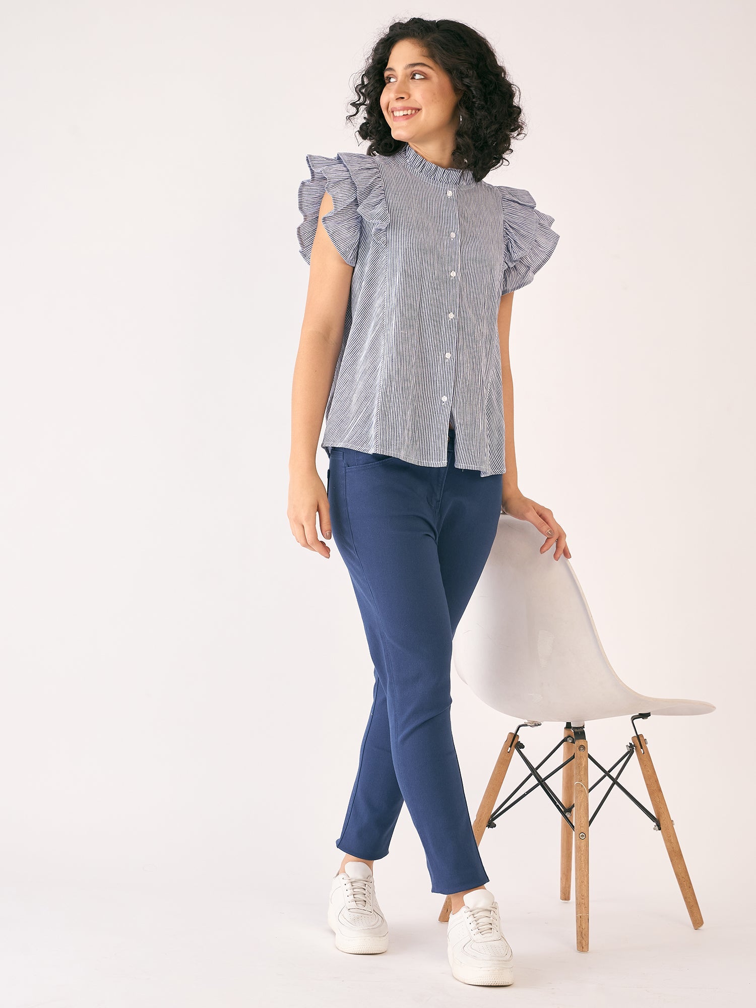 Sailor Striped Ruffled Button Down Top-White/Blue