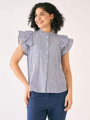 Sailor Striped Ruffled Button Down Top-White/Blue